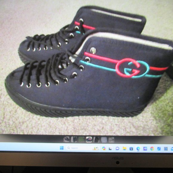 GUCCI Black Canvas Leather High Top Sneakers Tennis Shoes Interlocking GG 44 10